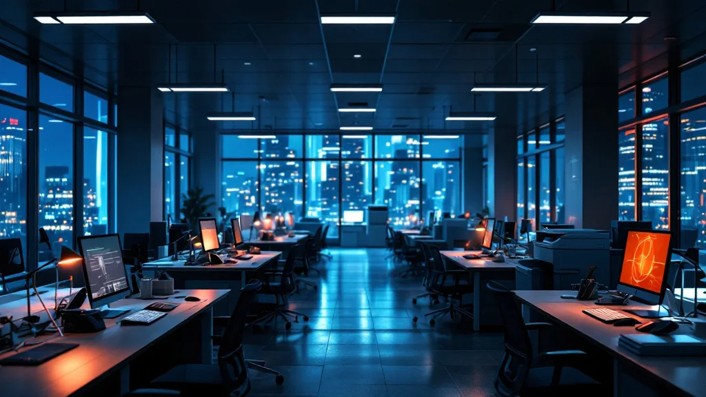 Empty open-plan office at night with monitors, lamps and printers still switched on